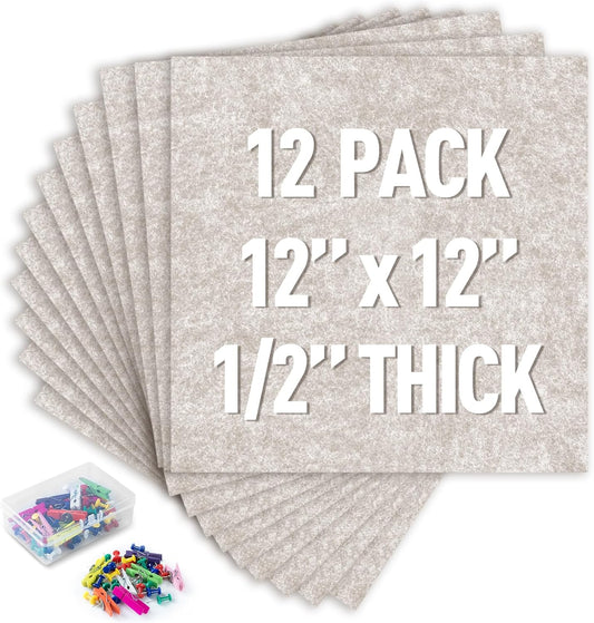 AKTOP Cork Bulletin Board 12x12, 1/2" Thick Felt Cork Board Tiles 12 Pack, Small Square Pin Board for Wall, Self Adhesive Corkboards with 120 Push Pin Wood Clips for School, Home & Office, Latte