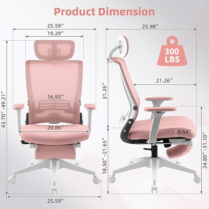 Foldable Office Chair with Foot Rest, Ergonomic Office Chair with Adjustable Lumbar Support, Headrest, Armrest, Home Office Desk Chair for Space Saving, Work from Home, Pink