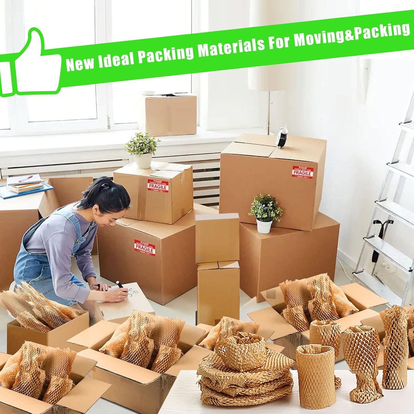 Honeycomb Packing Paper, MINHAO 15"x300' Eco Friendly Packing Paper for Moving Recyclable Honeycomb Paper Moving Supplies Bubble Paper Wrapping Protective Roll, With 36 Fragile Sticker Labels