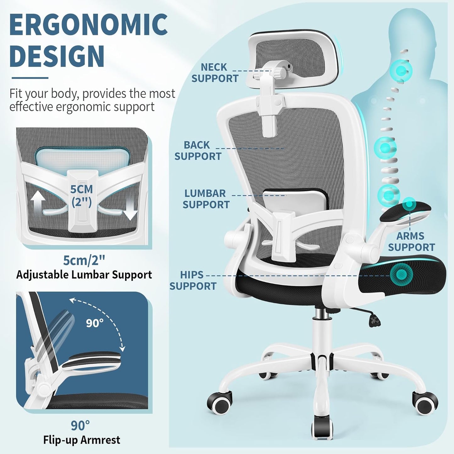 FelixKing Ergonomic Office Chair, Headrest Desk Chair with Adjustable Lumbar Support, Home Office Swivel Task Chair with High Back and Armrest, Adjustable Height Gaming Chair (White)