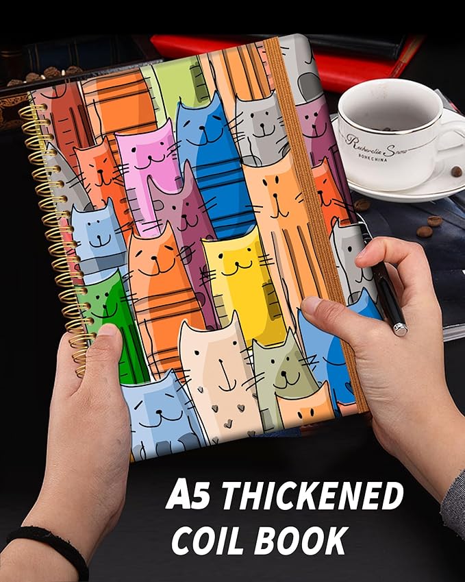 Ruled Spiral Writing Notebook,A5 Hardcover Lined College Journal for Women Lady,Fashion Puppy Watercolor Strong Twin-Wire Binding with Premium Paper,8.4" X 6",Perfect for School,Office,Home Gifts(Funny Cats)