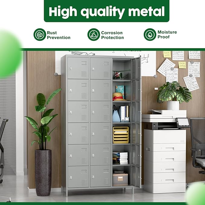 Metal Lockers for Employees with Lock,Metal Storage Locker with 18 Doors for School Garage Office Gym Bedroom,Assembly Required,18 Door Light Grey