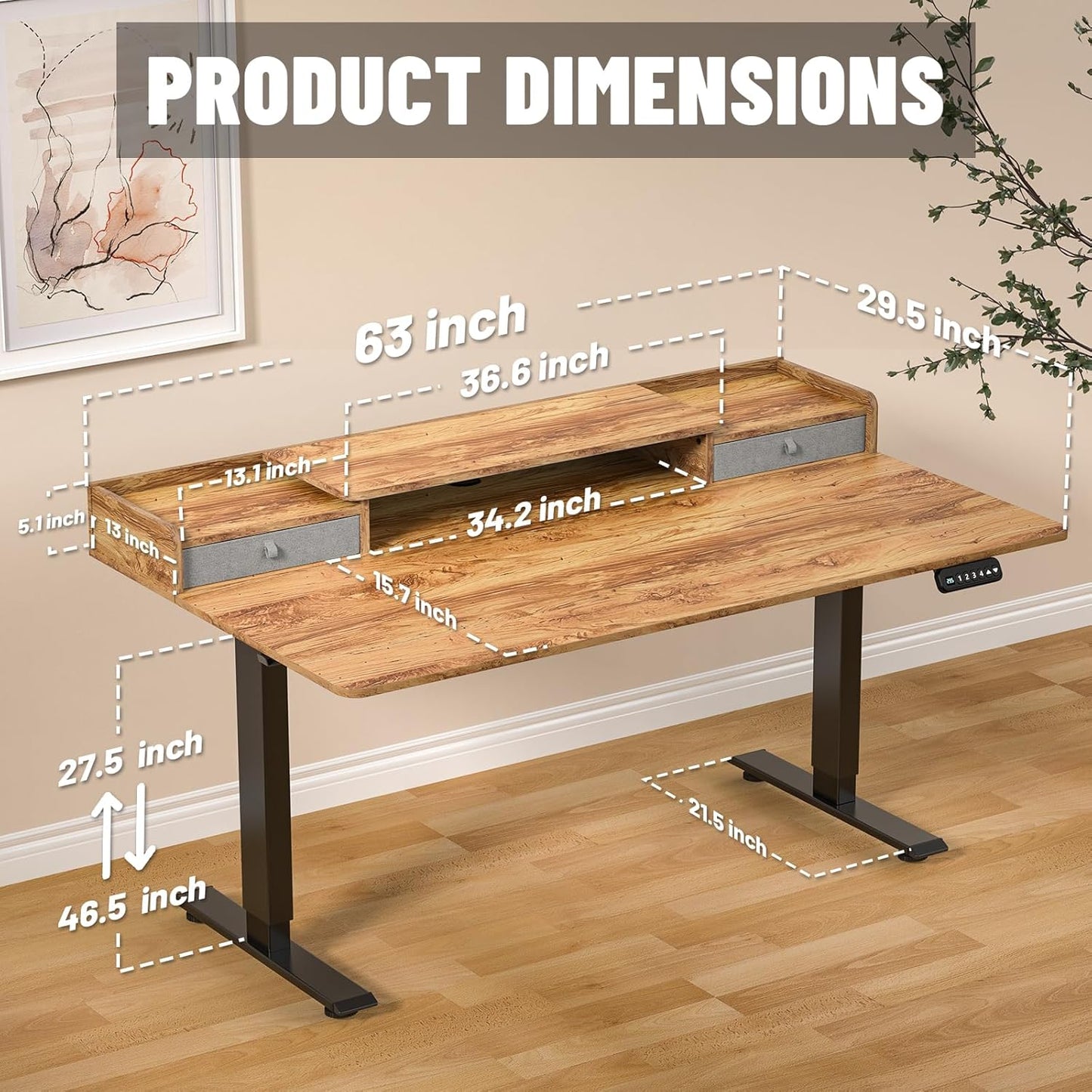 63 x 30 Inch Electric Standing Desk with 2 Drawers, Adjustable Height Widened Stand Up Desk with Storage, Sit to Stand Ergonomic Workstation for Home Office, Light Rustic