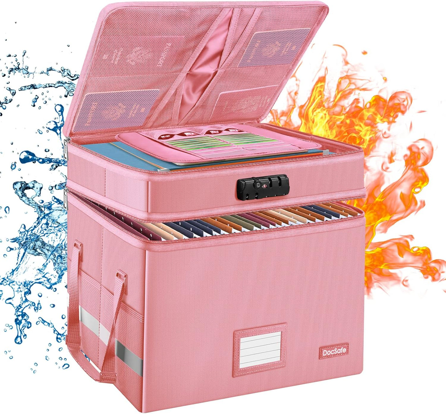 DocSafe File Box with Lock,Multi-Layer Fireproof Document Box Collapsible File Storage Organizer with Pockets/Handle,Large Portable Home Office Filing Safe for Hanging Letter/Legal Size Folders,Pink