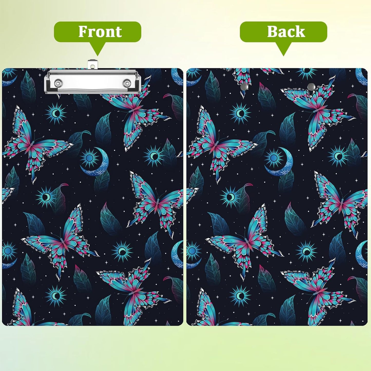 Butterfly Clipboard,Decorative Moon Acrylic Clipboard with Low Profile Metal Clip for Office,School,Teachers,Students Standard Letter Size 9x12.5