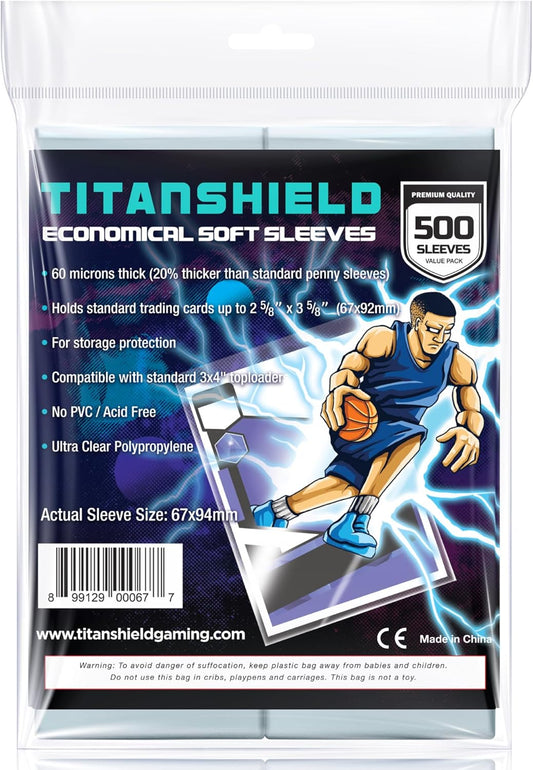 TitanShield 500 Count 60-Microns Thickness Soft Penny Card Sleeves 2-5/8” x 3-5/8” (67x94mm), Ultra Clear (500 Count)