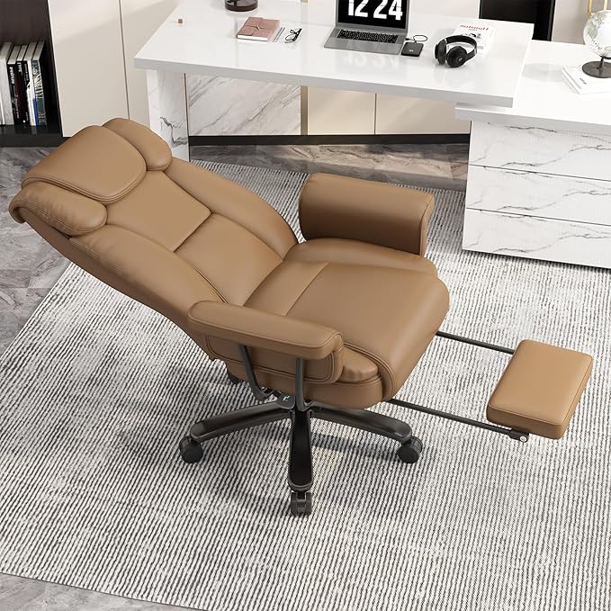 GYI Criss Cross Chair with Wheels, 160°Big and Tall Reclining Office Desk Chair with High Back, Wide Seat, Arms, Footrest, Brown