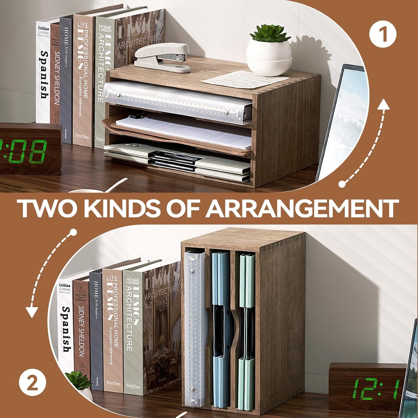 KIRIGEN Wooden Desktop Organizer Paper Storage Letter Tray File Sorter - Desk Rack Magazine File Dividers Holders for Home Office Accessories with 3 Layer Trays Dark Brown (3KWJG-DBR)