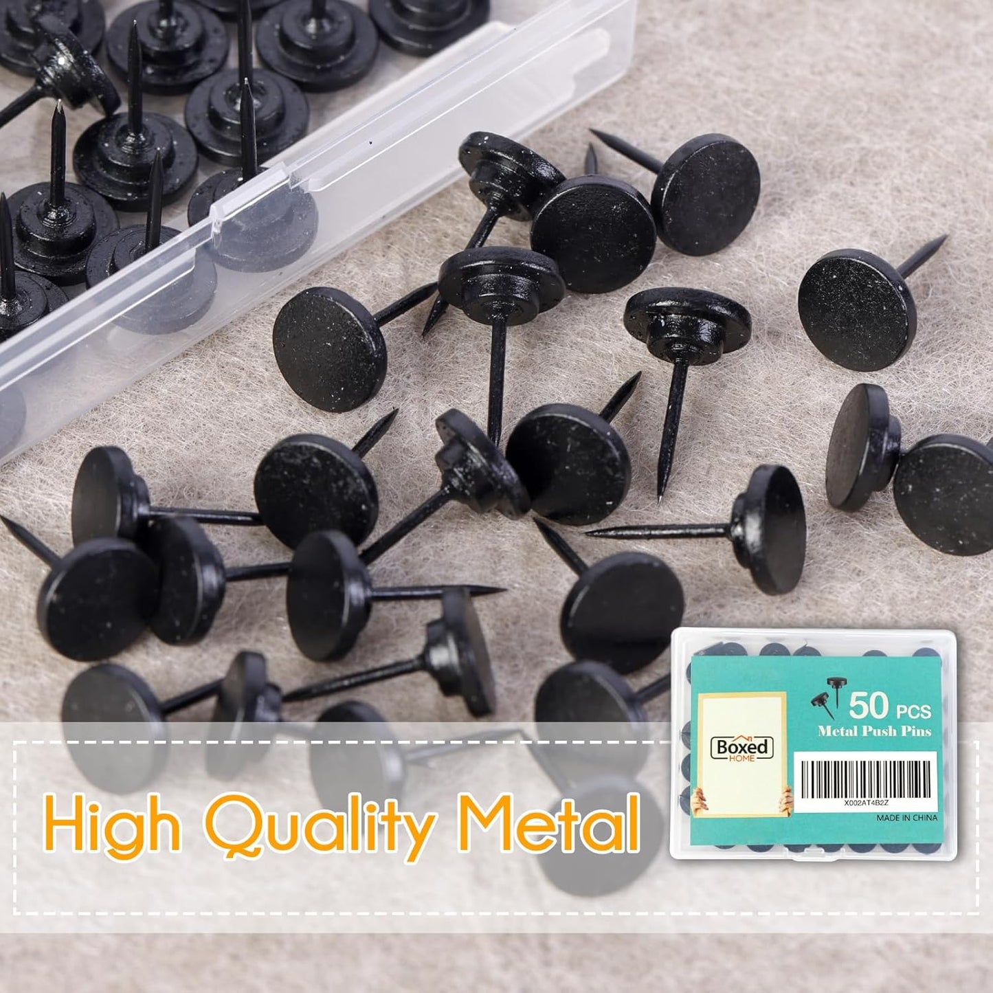 50 PCS Flat Push Pins for Cork Board, Black Metal Thumb Tacks for Wall Picture Photo Hanging, Board Posters Bulletin Maps, Office Home Decorative