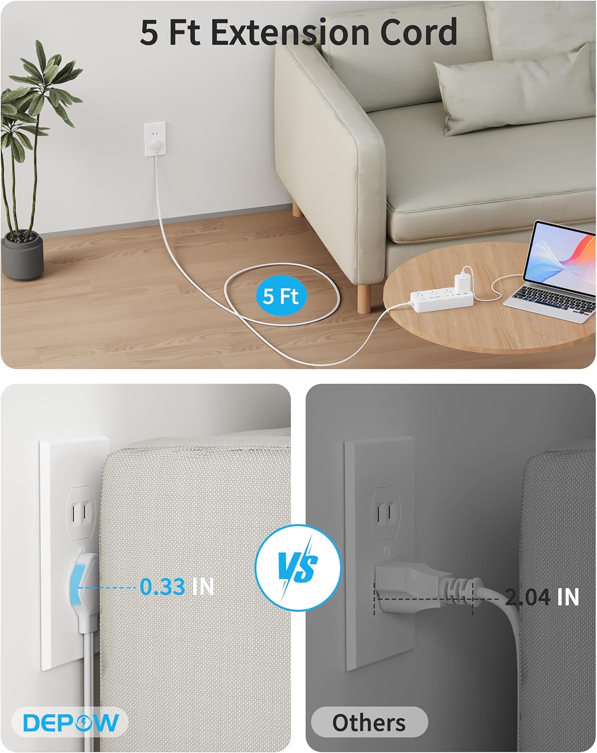 2 Prong Power Strip, 2 to 3 Prong Outlet Adapter with 8 AC & 4 USB Ports (2 USB C), 5FT Extension Cord, 1700J Two Prong Surge Protector, Wall Mountable, Ideal for Old House Non-Grounded Outlets