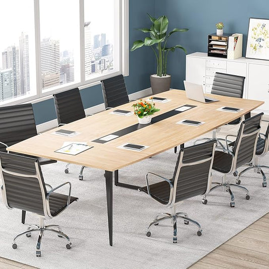 Tribesigns 8FT Conference Table, 94.48L x 47.21W x 29.52H Inches Boat Shaped Meeting Table with Rectangle Grommet, Modern Seminar Boardroom Table for Office Conference Room (Light Wood Grain, 8ft)
