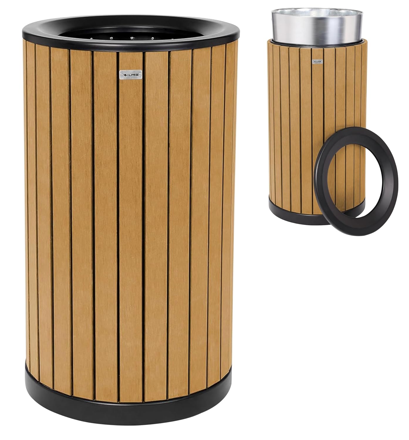 Alpine 32 Gallon Commercial Outdoor Trash Can - Heavy Duty Garbage Can Outdoor, Industrial Open Top Trash Can with Plastic Panels for Patio, Parks, Trails, Resorts (Flat Lid - Cedar)