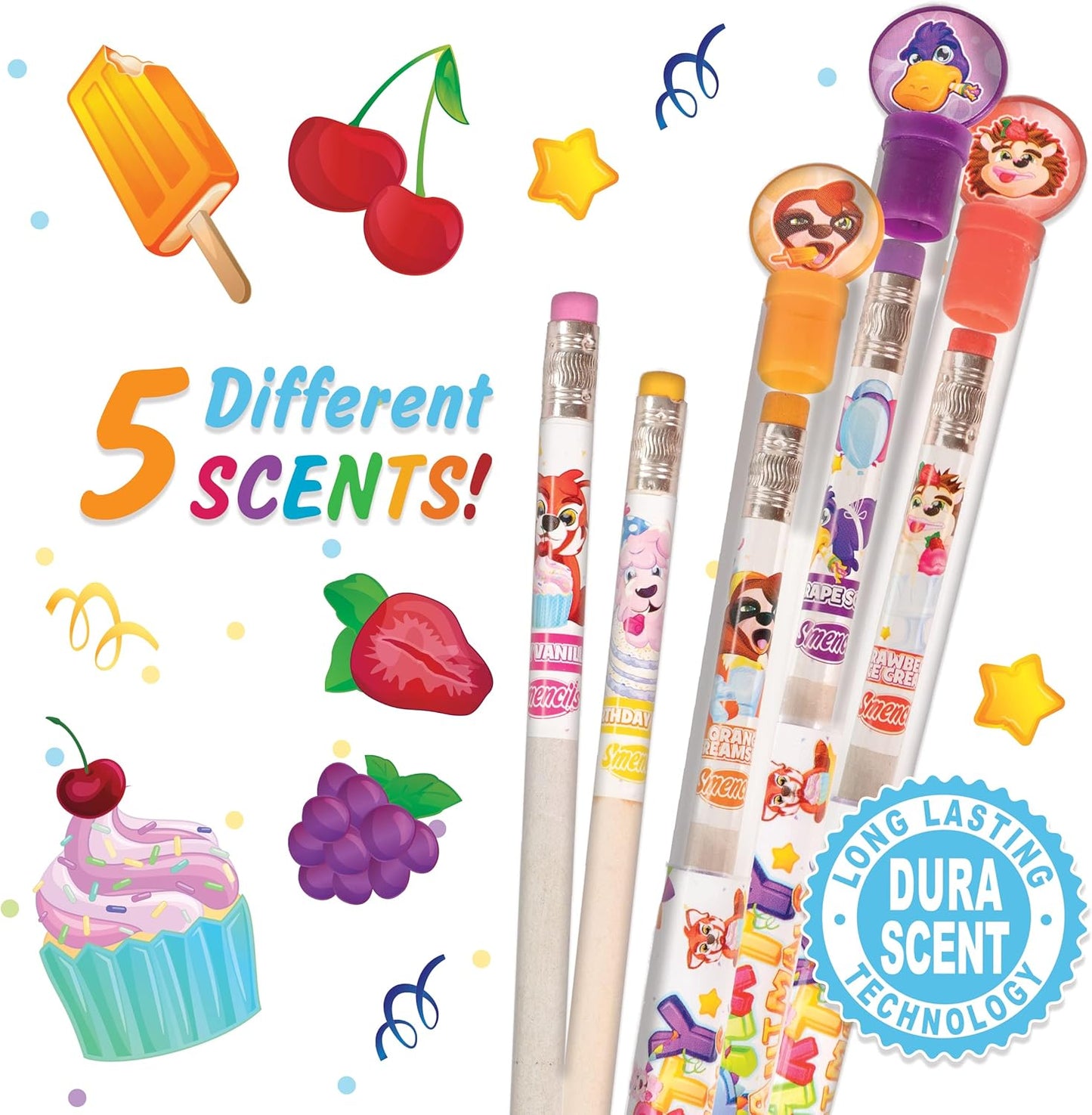 Party Animals Smencils Cylinder - HB #2 Patented Gourmet Scented Pencils, 50 Count, Gifts for Kids
