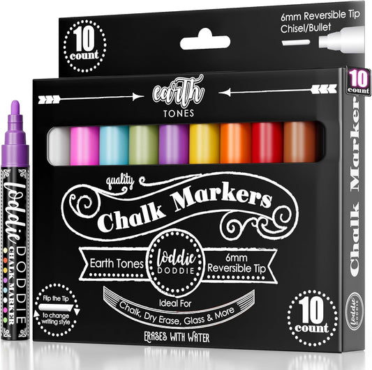 Loddie Doddie Liquid Chalk Markers - 10-Count 6mm Chisel & Bullet Tip - Earth Tone Erasable Chalkboard Pens - Dry Erase Markers for Blackboard