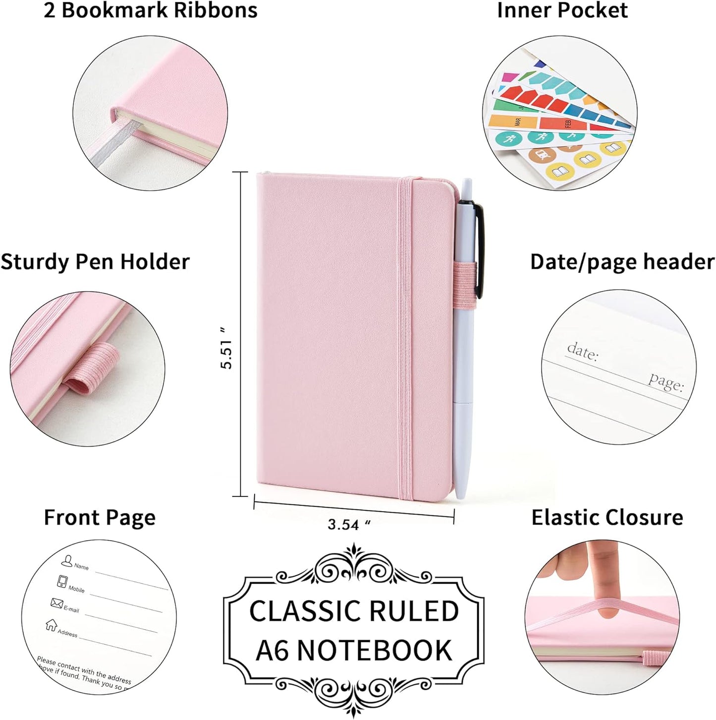 feela 15 Pack Pocket Small Notebooks Bulk, Mini Cute Memo Notepads Hardcover College Ruled Lined Journals with Pen Holder for Women Girls Office School, with 15 Black Pens, 3.5”x 5.5”, A6, Rose Pink
