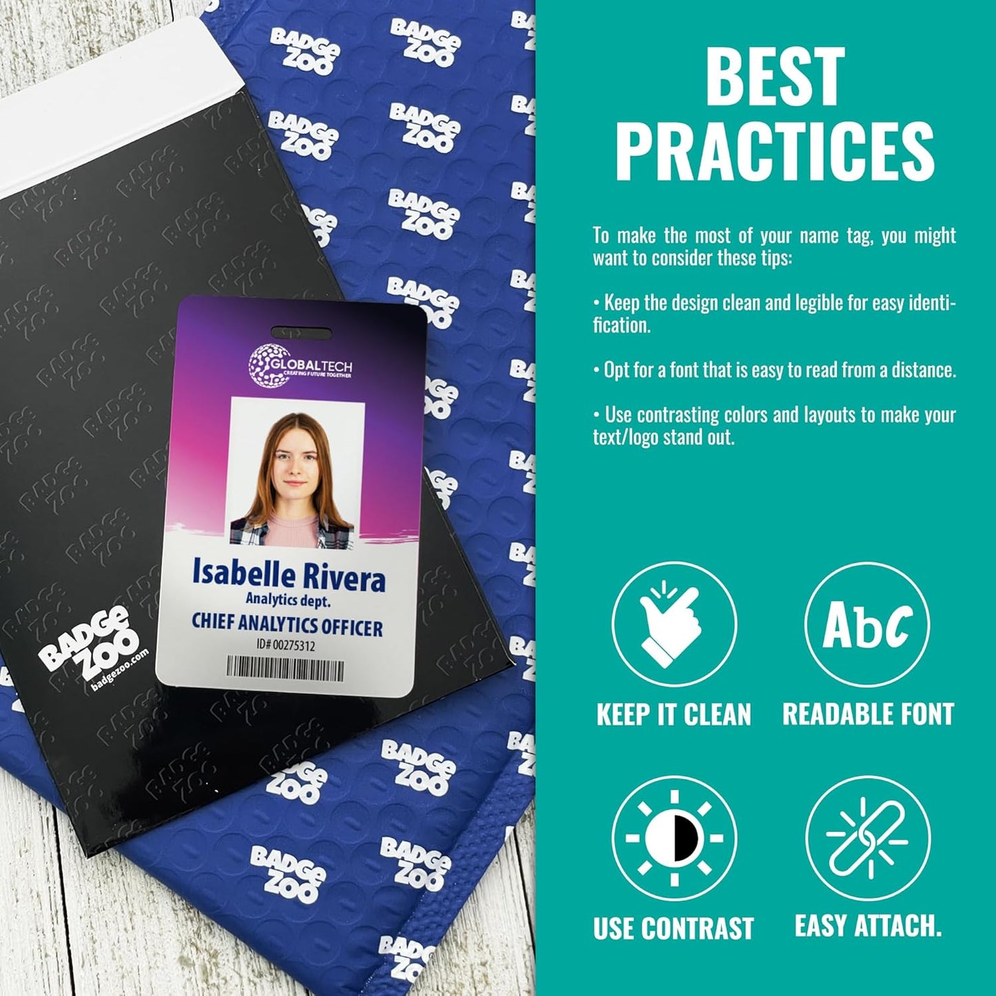 Custom Print Employee ID Badge, Double Sided with Name, Photo, Logo, and Barcode – Unique Photo ID Card Solution (ID Vertical)
