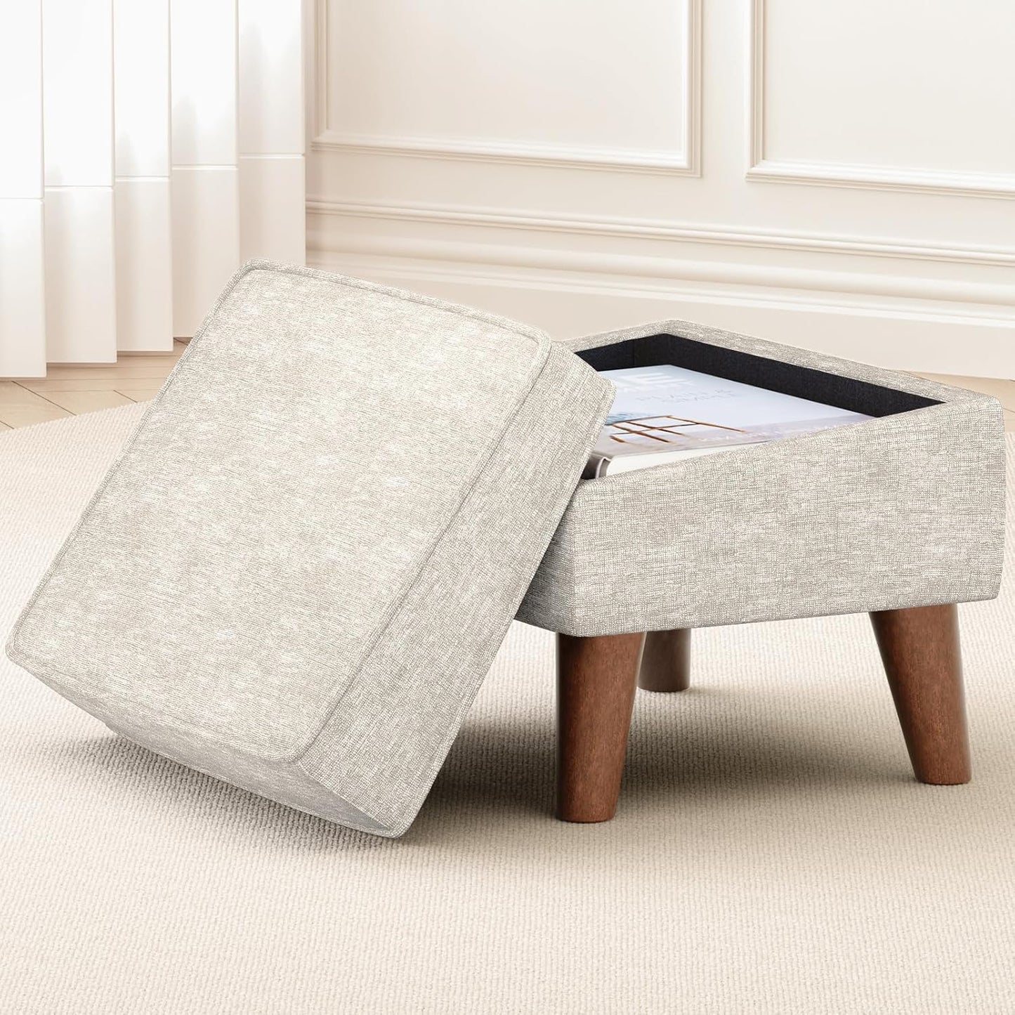 Ottoman Foot Rest, Small Footstool Ottoman with Storage, Modern Foot Stool with Adjustable Lid and Sturdy Wood Legs for Living Room, Bedroom, Couch, Enterway (Beige)