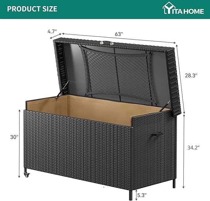 YITAHOME 200 Gallon Large Wicker Deck Box w/Storage Net, Rattan XL Outdoor Storage Box Patio Cushion Storage, Waterproof Storage Box for Patio Furniture, Garden Tools, Pool Sports Equipment (Black)