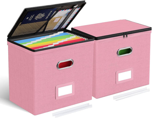 Oterri File Organizer Boxes with Lids, File Box with Mesh Pockets, Document Organizer Box for Letter Size Folders, Zippers Important Document Organizer (Pink, Small-2 Pack Without Folders)