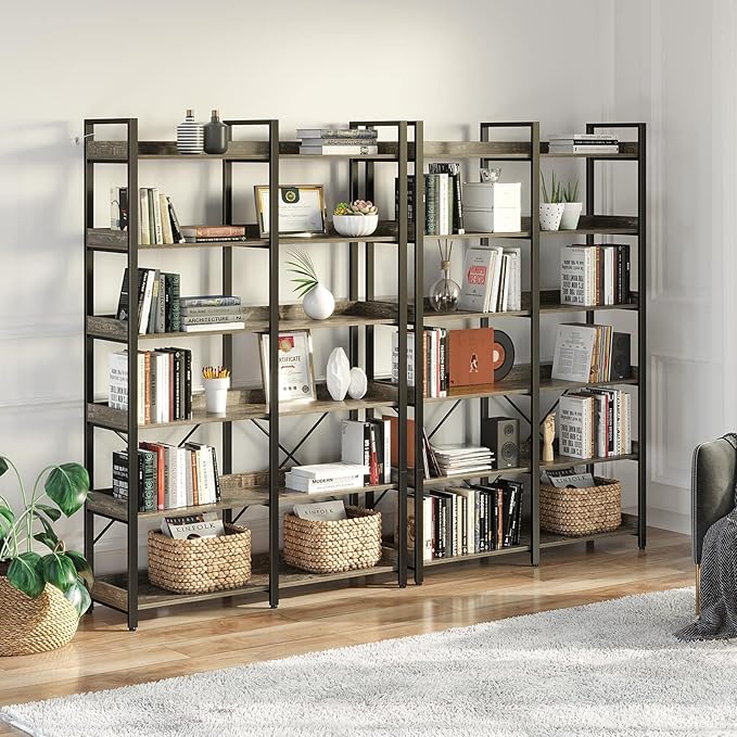 Seventable Bookshelf 6 Tier with 4 Hooks，67”Industrial Wooden Bookcase, Vintage Storage Rack with Open Shelves, Rustic Standing Bookshelves Metal Frame 43.3” Wide Display Rack, Gray