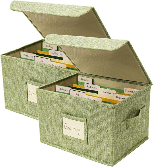 Vienrose Greeting Card Organizer Storage Box with 20 Removable Dividers, 84 Self-stick Labels, Perfect for Photos, Envelopes, Scrapbooking, Paper, Stickers Holder 2 Pack Grass Green