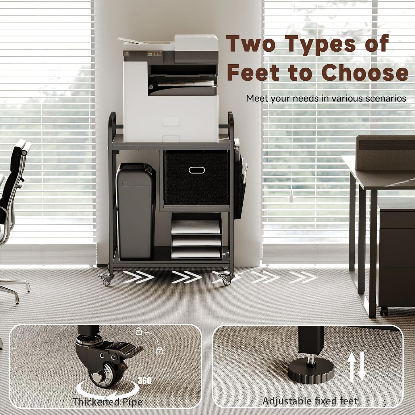 Large Printer Stand with Removable Storage Drawer, Mobile Printer Table with Charging Station for Home Office, Rolling Industrial Printer Cart with Wheels for Scanner Fax PC Tower (Black)