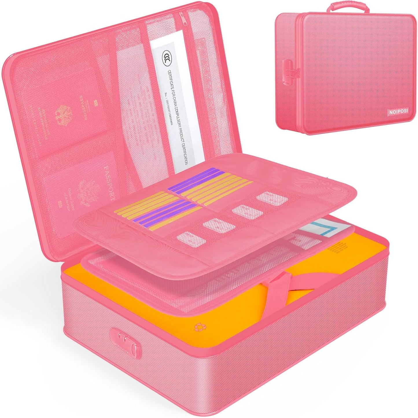 Document Organizer with 5200℉ Heat Insulated, 16.1"x11.4"x4.3" Waterproof and Fireproof Document Box with Lock, Home Strong Fireproof Safe Storage Box for Legal Size Documents and File，Pink