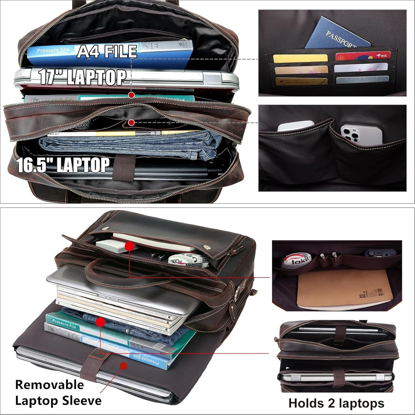 Masa Kawa Leather Briefcase for Men 15.6", 17" Laptop Computer Case Business Travel Work Messenger Cross Body Shoulder Bag