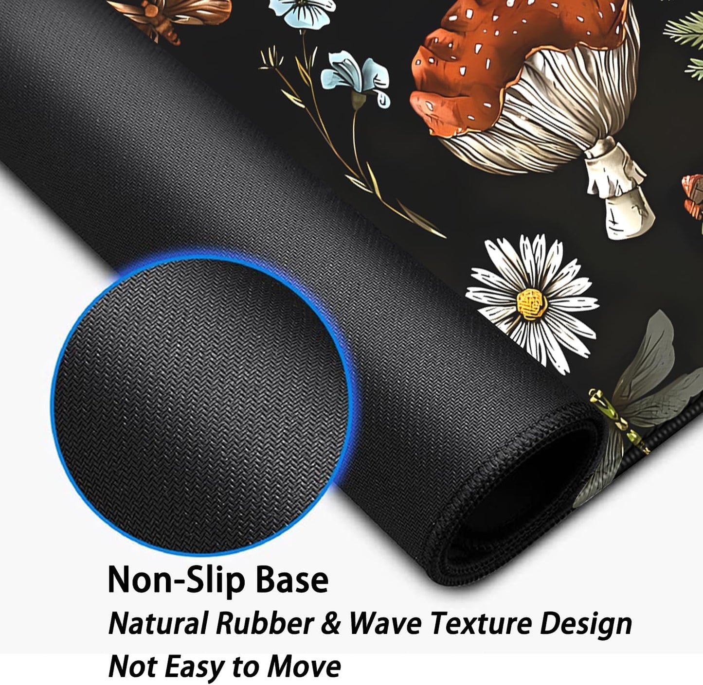 Plant Mushroom Desk Pad Mouse Pad,Large Black Aesthetic Mouse Mat with Stitched Edges,Non-Slip Rubber Base Mousepad for Office PC Keyboard Laptop and Home Work Desk Mat(27.5X11.8 in)