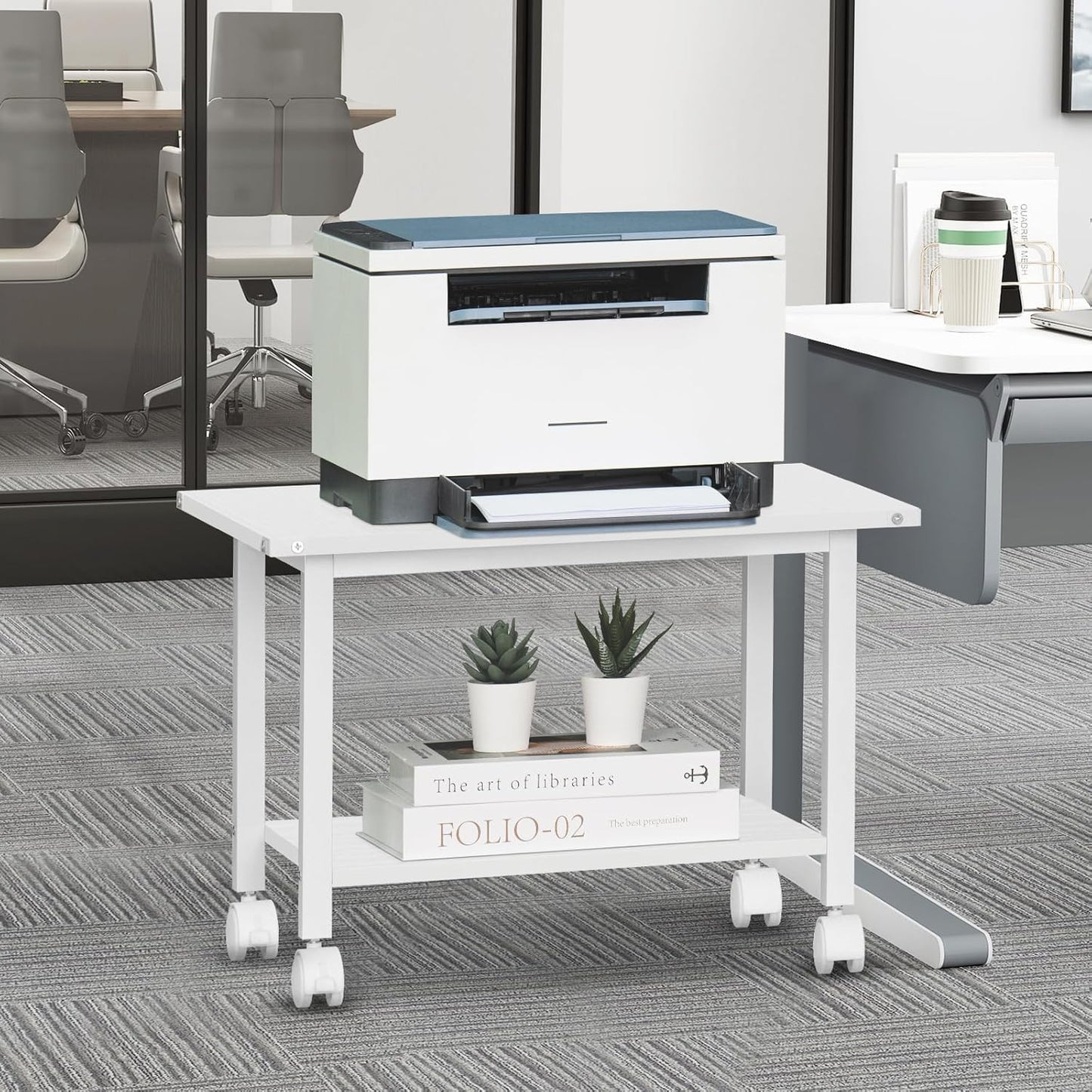 Lerliuo Under Desk Printer Stand, 2-Tier Industrial Mobile Printer Table with Storage Shelf and Steel Frame, Rolling Printer Cart Holder with Lockable Wheels for Home, Office (White)