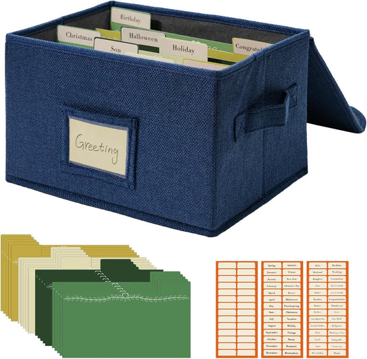 Vienrose Greeting Card Organizer Storage Box with 20 Removable Dividers, 84 Self-stick Labels, Perfect for Photos, Envelopes, Scrapbooking, Paper, Stickers Holder 1 Pack Navy