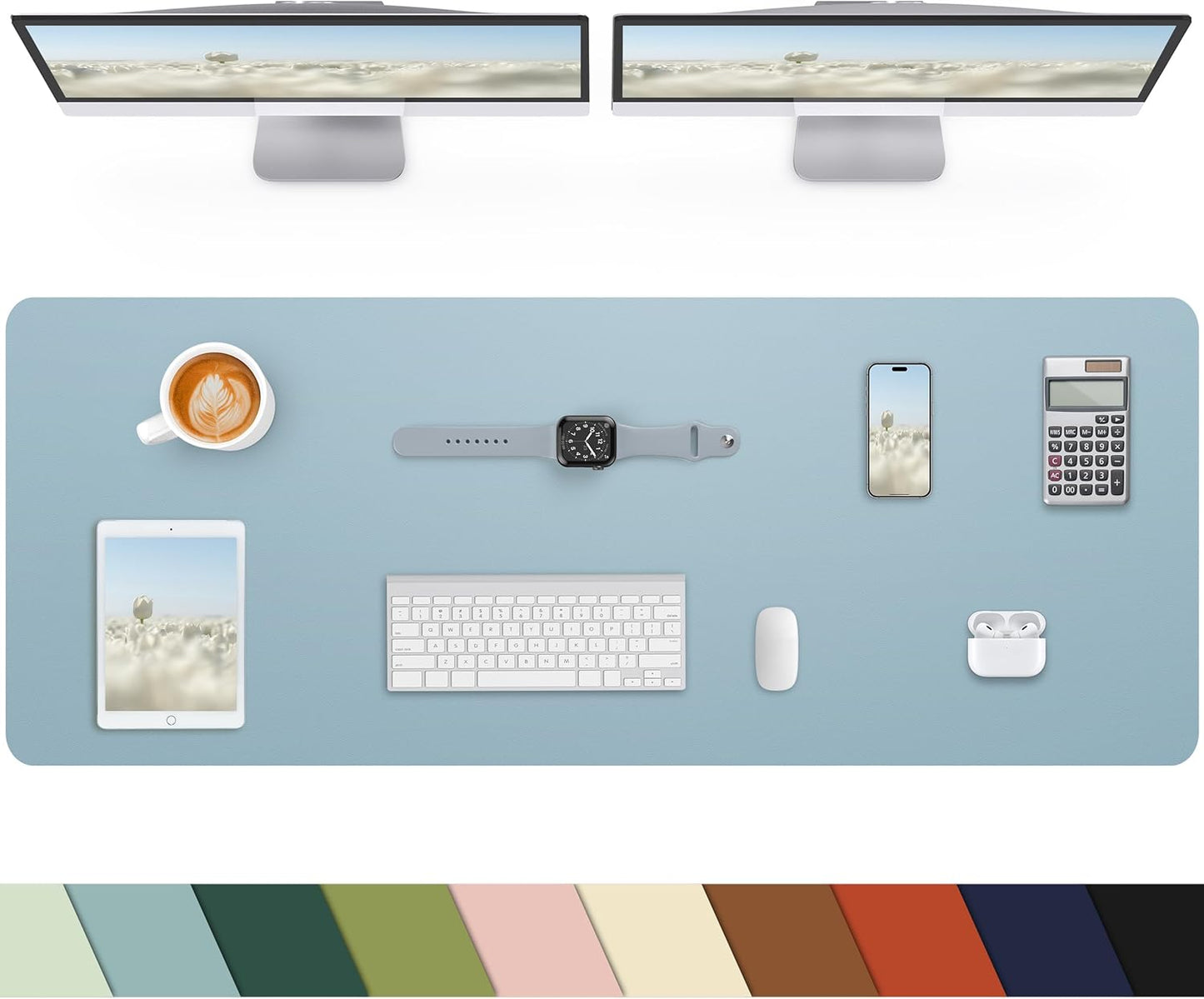 Leather Desk Pad Protector, Large Mat, Mouse Pad & Keyboard Cover - Non-Slip PU Leather Blotter - Office & Home (Light Blue, 48" x 17")