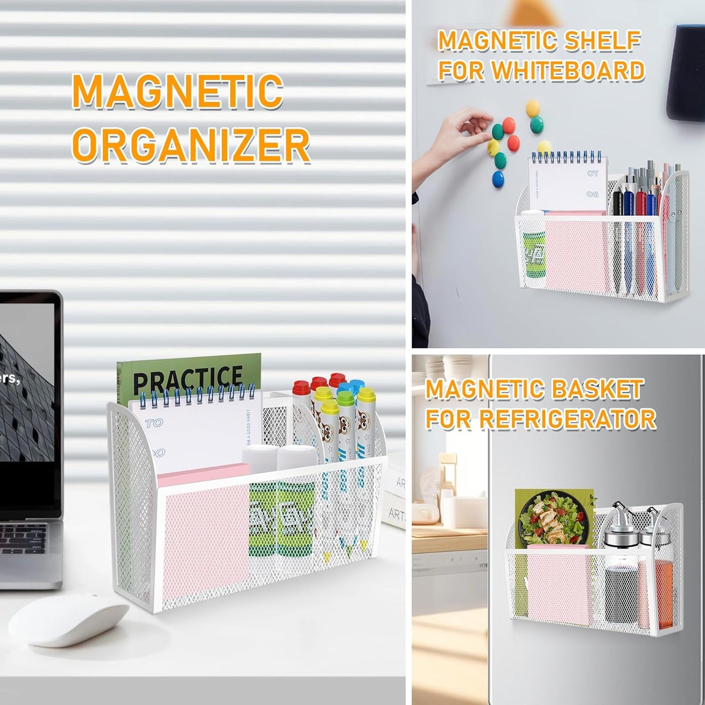 Magnetic Pencil Holder Magnetic Shelf for the Whiteboard 3-Grid Mesh Magnetic Pen Holder for Refrigerator Magnetic Organizer Locker Accessories Organizer for Office (White)