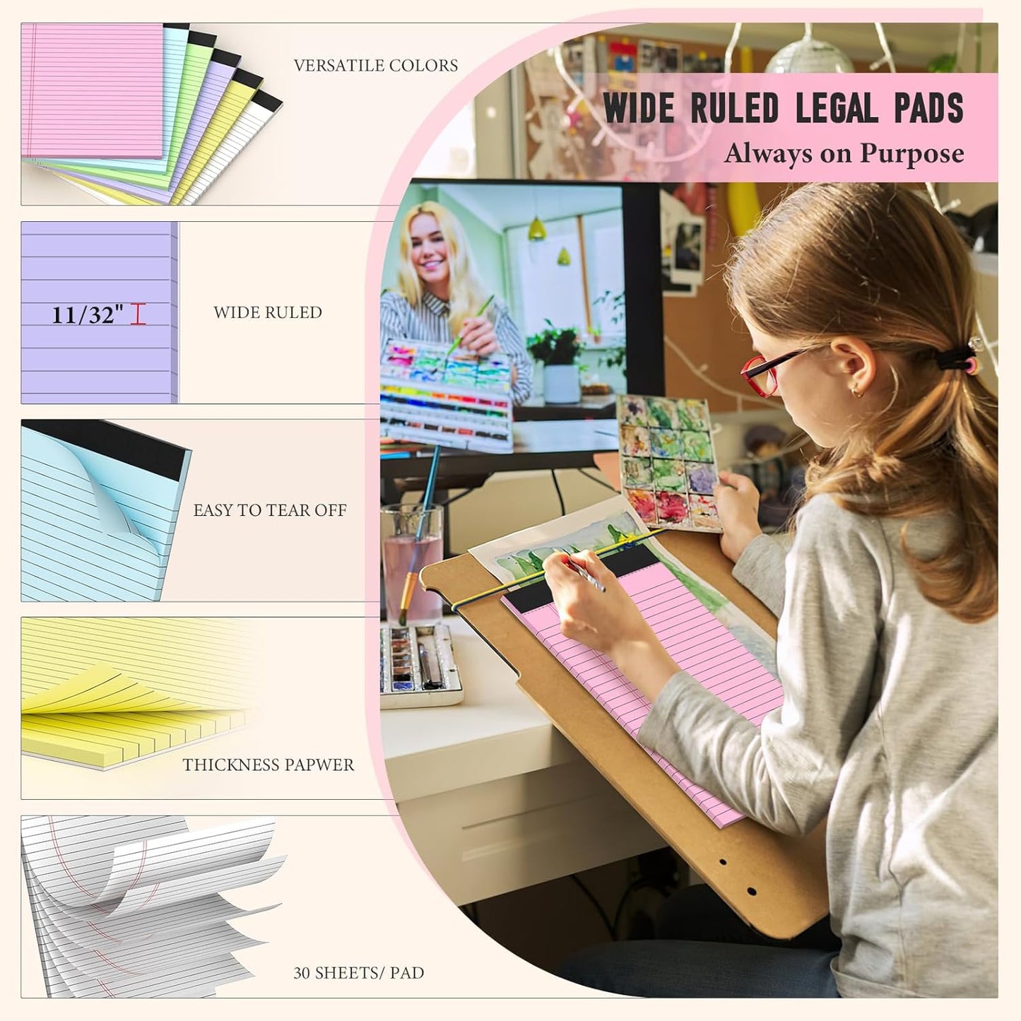 8.5 x 11 Legal Pads, Colored Legal Pads, Wide Ruled, 12 Pack Note Pads 8.5 x 11, Multicolor Perforated Note Pads with Sturdy White Back, Writing Pad,30 Sheets Per Notepad for School, Home, Office