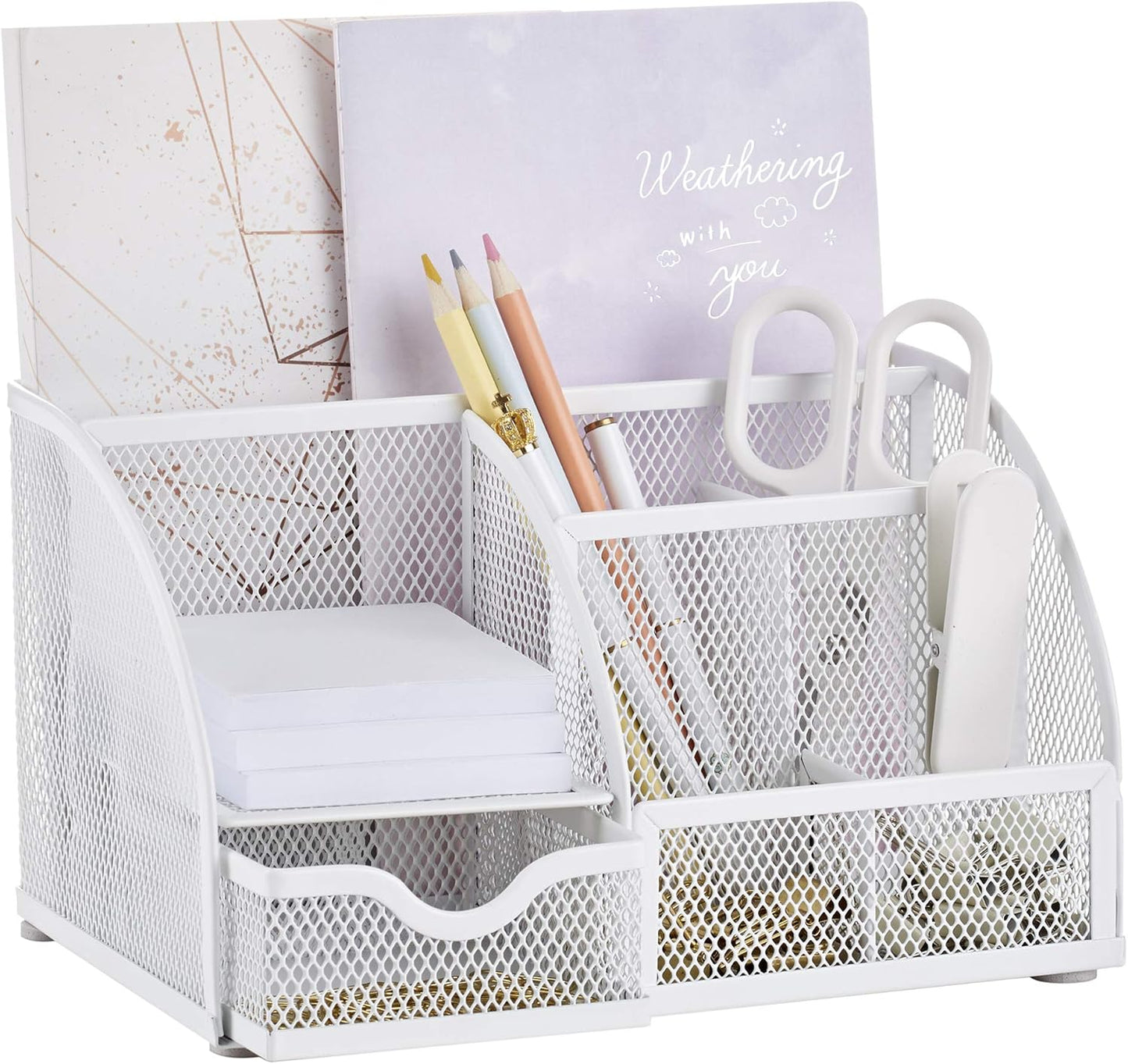 Annova Mesh Desk Organizer Office with 7 Compartments + Drawer/Desk Tidy Candy/Pen Holder/Multifunctional Organizer (White)