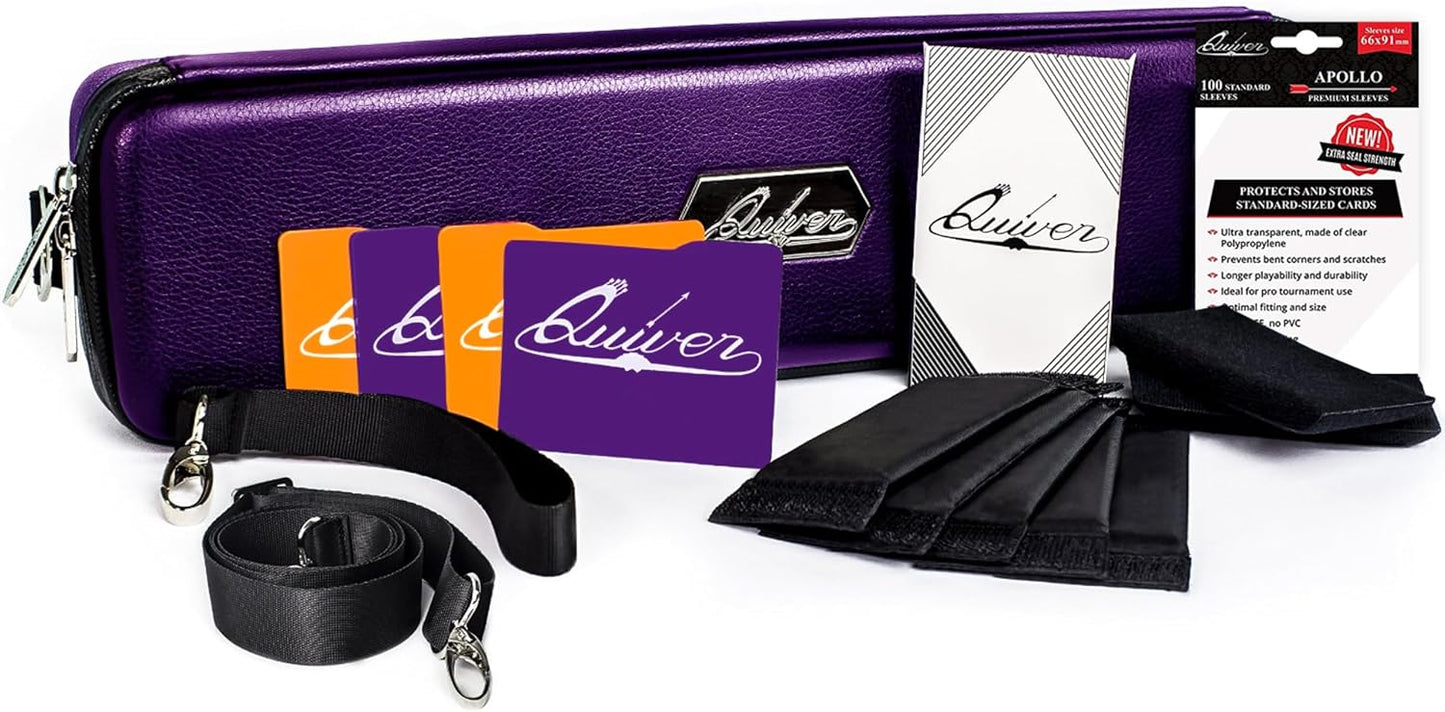 Quiver Time Purple Quiver Card Carrying Case - TCG Cards Deck Box Holder for Trading Cards, MTG Bag Playing Card Case (+Wrist & Shoulder Strap, Dividers, Separators, Corner Pads + 100 Apollo Sleeves)