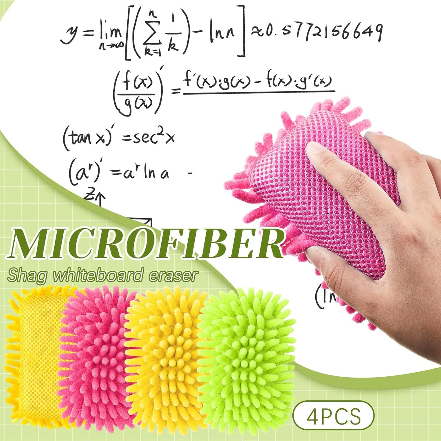 Zonon 4 Pieces Dry Erase Eraser Microfiber Shag Washable Whiteboard Eraser for Markers, Chalk, Classroom, Home and Office (Pink, Blue, Yellow, Green)