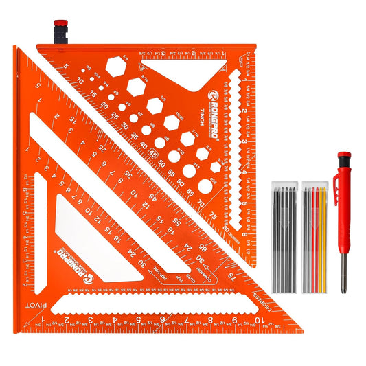 2pcs Rafter Square, 12-inch & 7-inch Carpenter Sqaure Set with Woodworking Pencil, Carpenter Measuring Layout Tool, Aluminum Alloy Triangle Ruler for Woodworking- Imperial