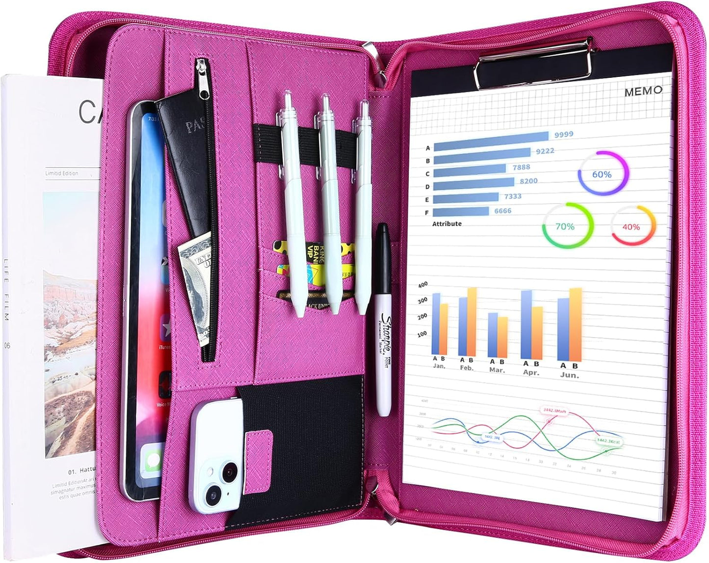 ProCase Portfolio Business Padfolio Folder with Zipper, Conference Meeting Executive File Legal Document Organizer with Pockets Letter Size A4 Writing Pad Notepad Padfolio -Magenta