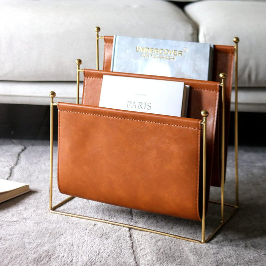 Plated Metal Wire and Leatherette Magazine Holder Rack, 2-Slot Standing Rack for Magazines, Books, Newspapers, Home Staging Decoration