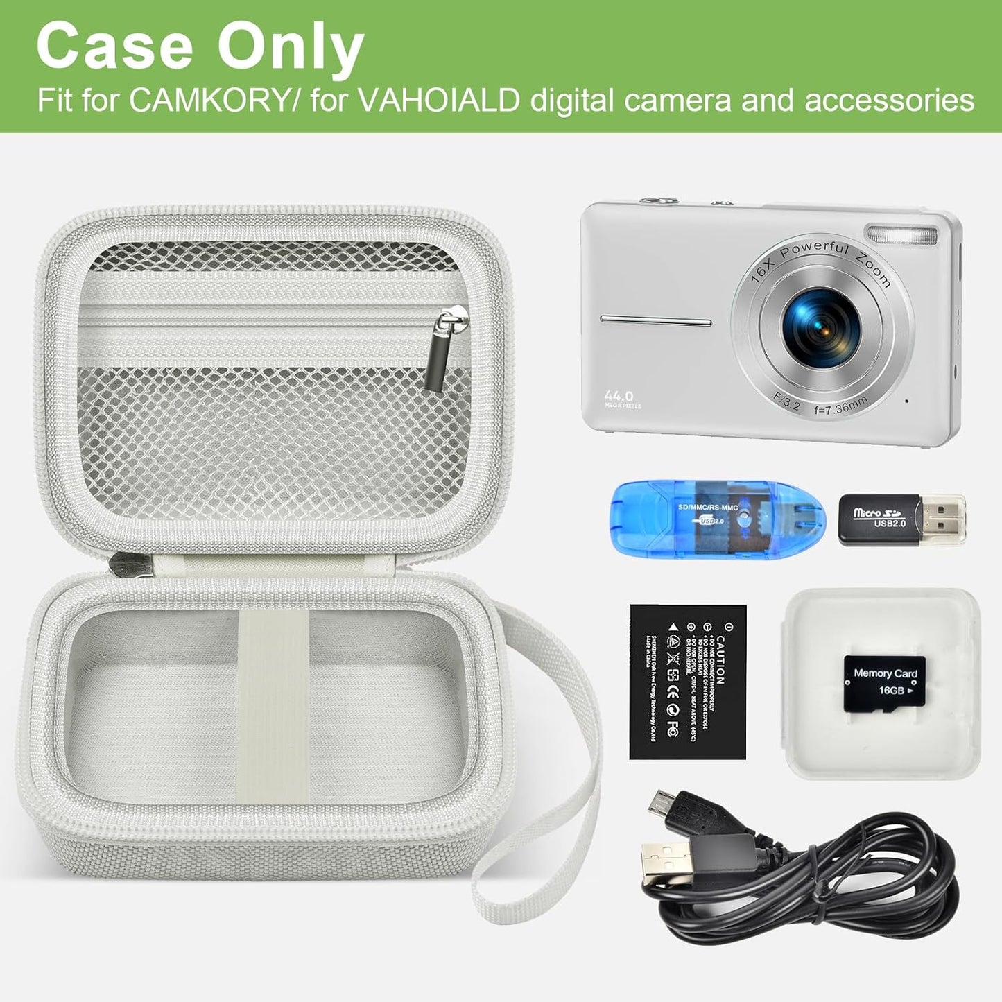 Digital Camera Case Compatible with VAHOIALD FHD 1080P/ for CAMKORY Digital Point and Shoot/for KODAK PIXPRO FZ45-BK 16MP Vlogging/for IWEUKJLO/for Nsoela, Holder for SD Card More- Light Gray