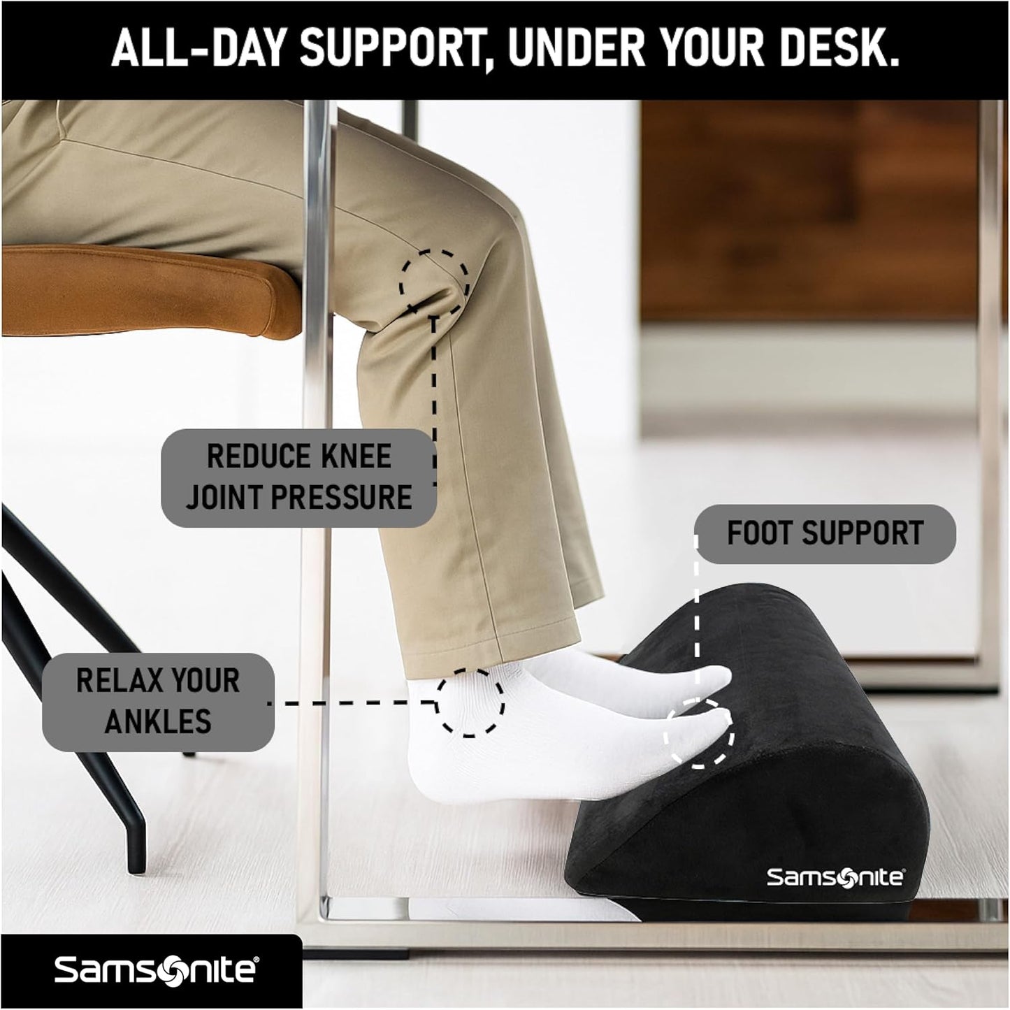 Samsonite Foot Rest for Under Desk at Work – Ergonomic Foot Stool for Couch – Versatile Under Desk Footrest for Office & Home, Foot Support Underdesk