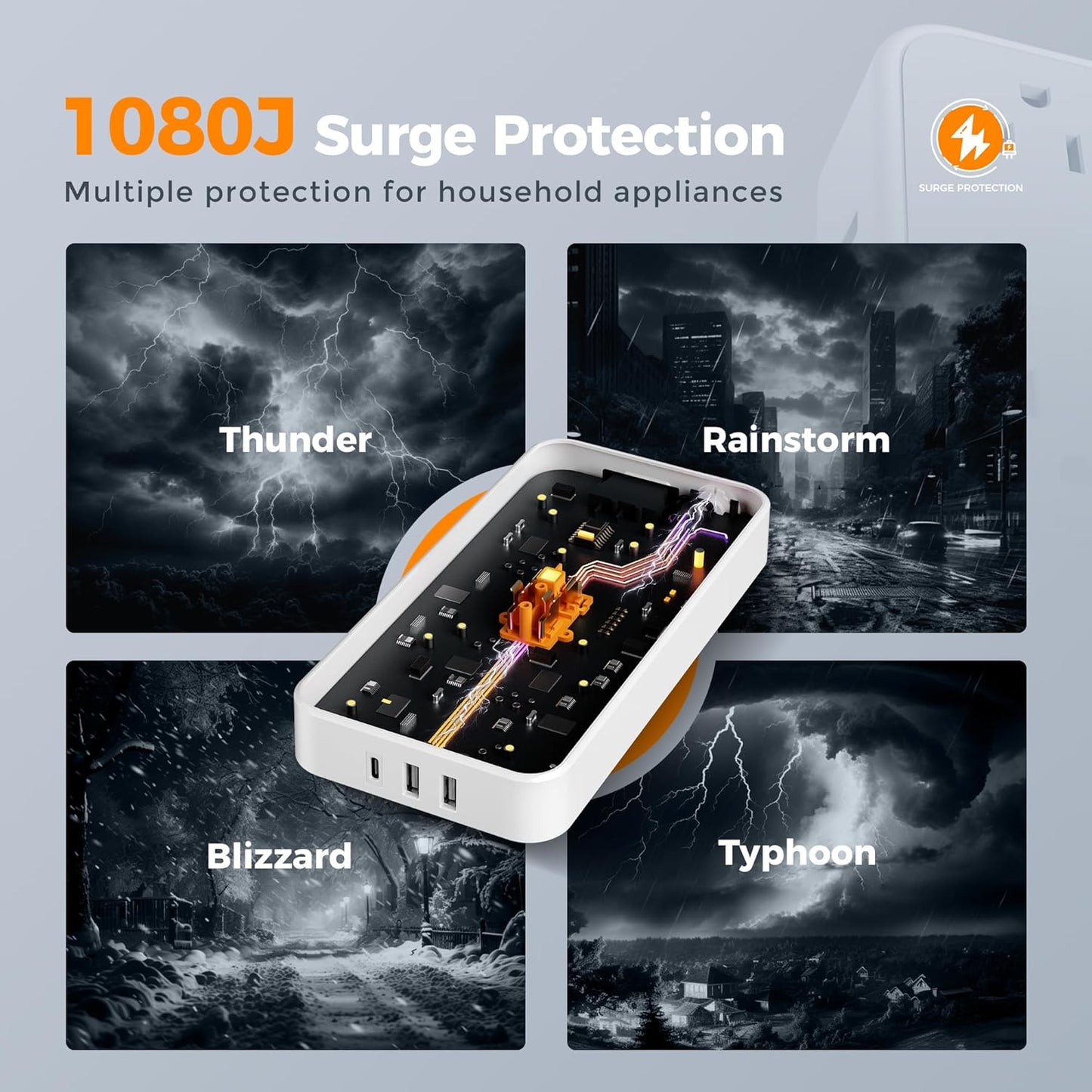 Power Strip with Surge Protection, TESSAN Flat Plug Extension Cord with 8 Outlets 3 USB Ports(1 USB C), 1080 Joules, 6 Ft, Wall-Mounted Charging Station for Apartment Office Dorm Room Essentials