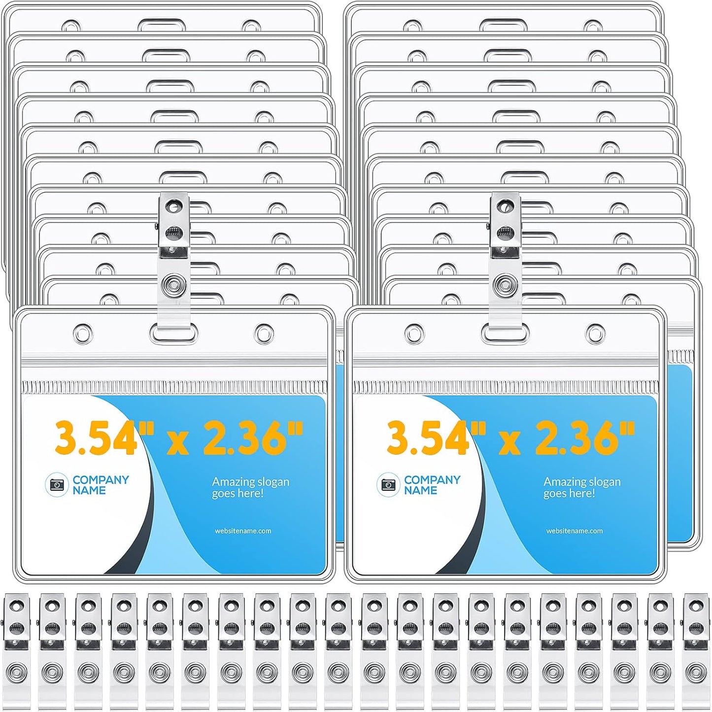 Zonon 150 Sets Name Badge Holders with Clip Clear on Name Tag Waterproof PVC ID Transparent Badge Holder with Resealable Zipper Seal Metal for Teacher Student Worker(Classic Clip)