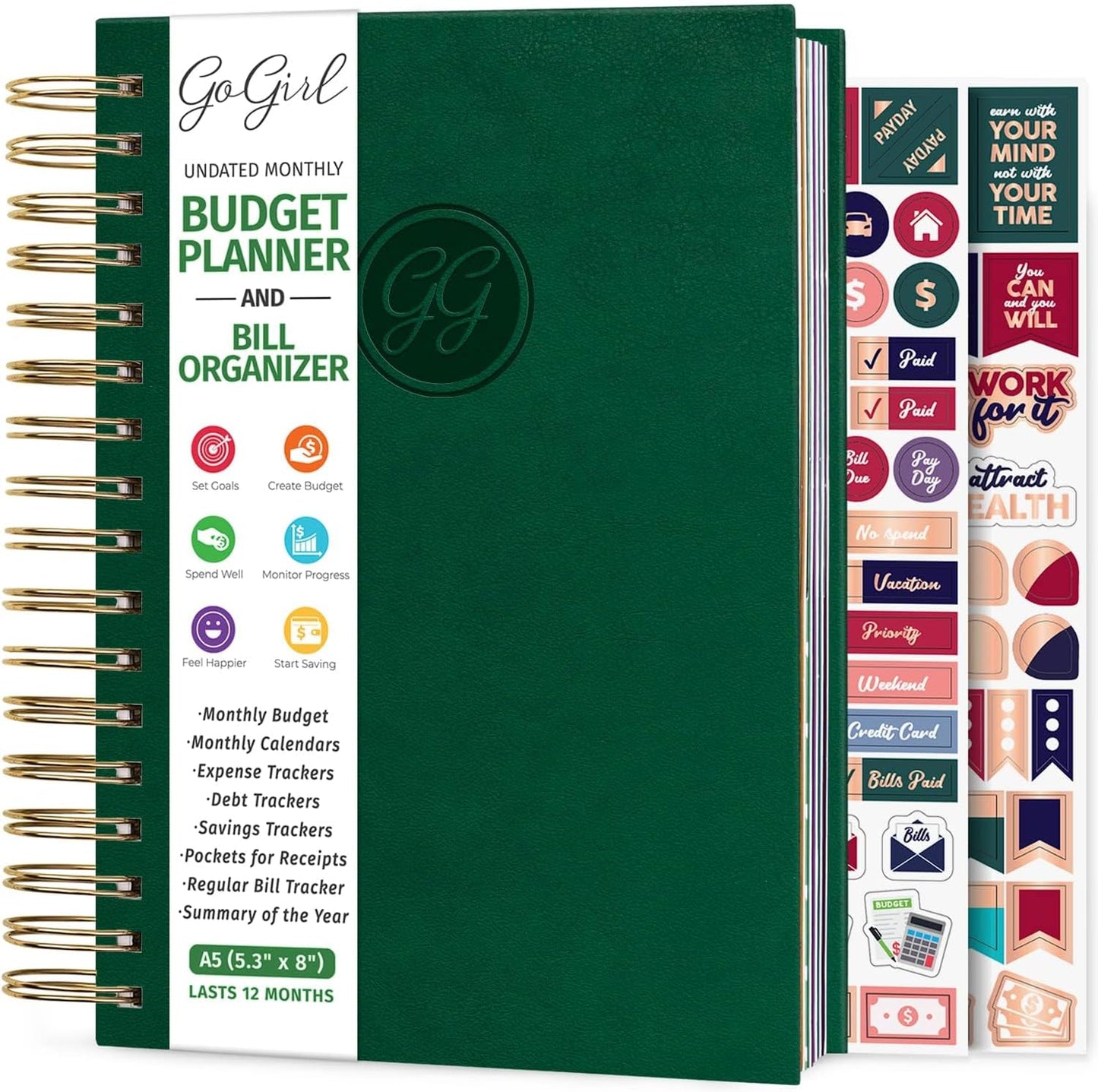 GoGirl Budget Planner & Monthly Bill Organizer – Monthly Financial Book with Pockets. Expense Tracker Notebook Journal, Compact (Dark Green)