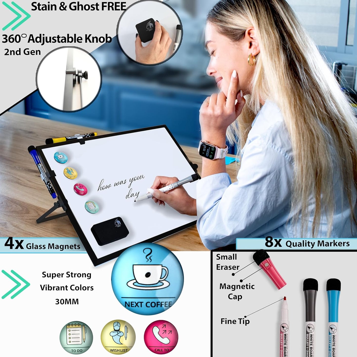 Dry Erase White Board Black Frame for Desk & Wall,12"X16" Large Magnetic Desktop Whiteboard with Stand, 8 Markers, 4 Magnets,1 Eraser, Double-Sided Portable Easel for Office, Students Memo to Do List