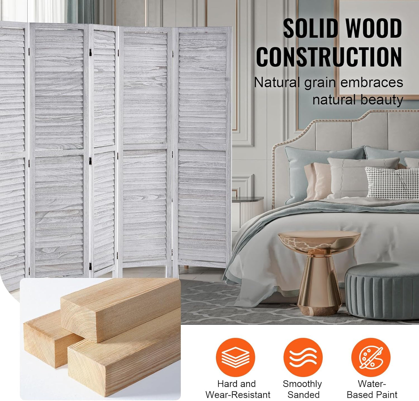 VEVOR Wood Room Divider, 6 Panel Wood Folding Privacy Screen, 66.9 Inches Tall Indoor Louvered Wooden Partition, Portable Decoration Screen, for Room Separation, Home, Office, Restaurant & Bedroom