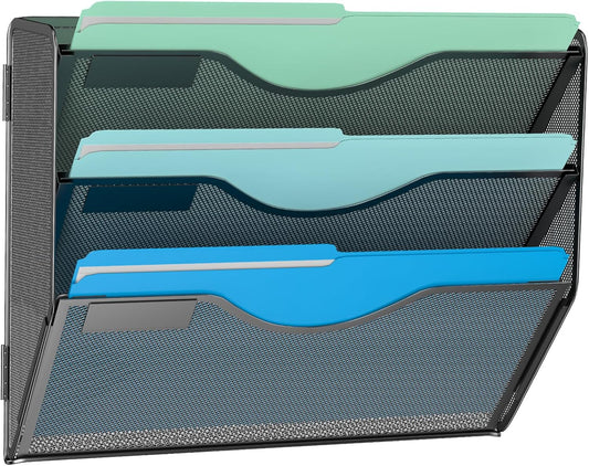 3 Tier Hanging Wall File Organizer, Mesh Mail Paper Orgnization Hanging File Folder Holder for Home Office, Black