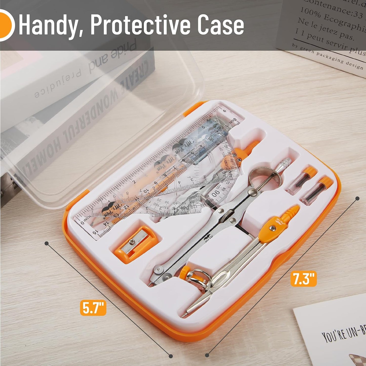 Mr. Pen- Geometry Set, 13 pcs, Compass for Geometry Compass, Geometry Kit Set with Shatterproof Storage Box, Math Compass, Geometry Set for School, Compass Math, Protractor and Compass Set, Orange