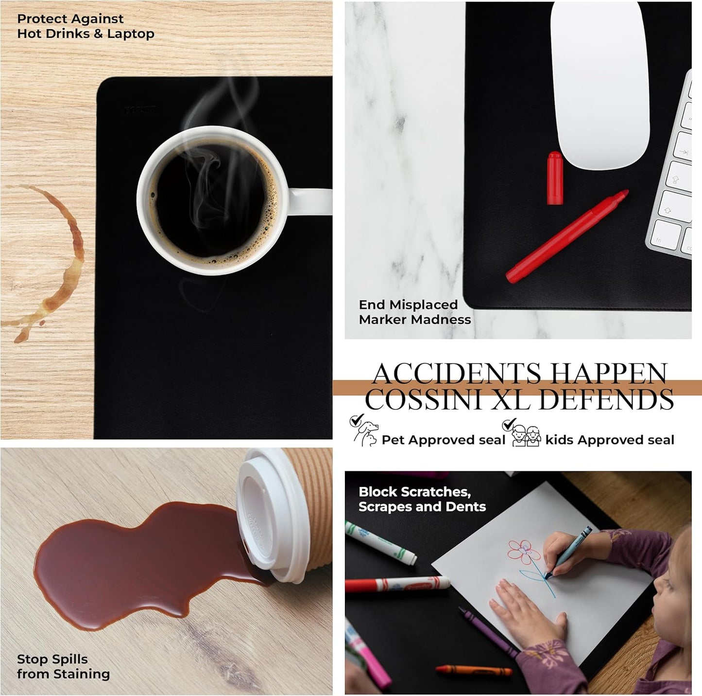 Cossini XL Desk Pad - Large Vegan Leather Desk Mat 17 x 36- Buttery Smooth Writing, Damage Blocking, Non-Slip, Waterproof - Home Office Computer Desk Protector Blotter Laptop Keyboard Mouse Pad